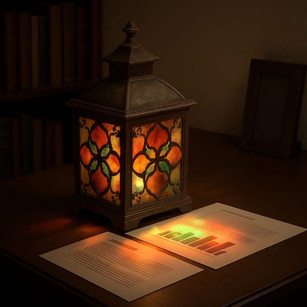 The alt text reads: "Close-up of a table with an illuminated lamp and two sheets of paper."